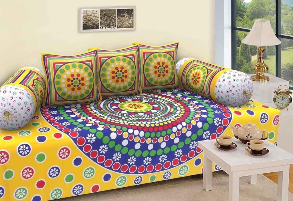 MAHIKA Heavy Fabric Printed Jaipuri Dewan set Designer Diwan Cover Sets Valvet Fabric | Digital Printed | (Single Bedsheet + 3 Cushion Covers 2 Bolster Covers) (Printed Multicolour) (Yellow) (B0CZ92TM9N) Amazon Price History, Amazon Price Tracker