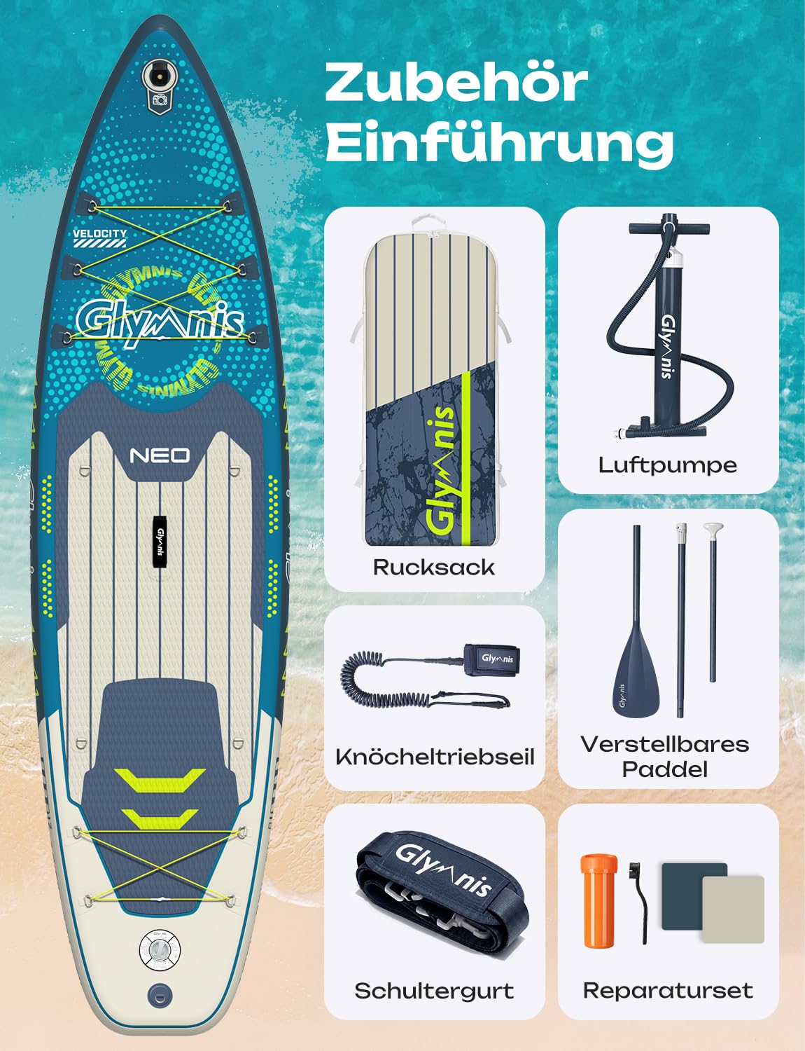 Glymnis SUP Board Stand Up Paddling Board nadmuchiwana deska do paddleboardingu, 10'6", 320 x 81 x 15 cm, grubość 6 cali z aluminiowym wiosłem, pompką powietrza i kompletnym wyposażeniem