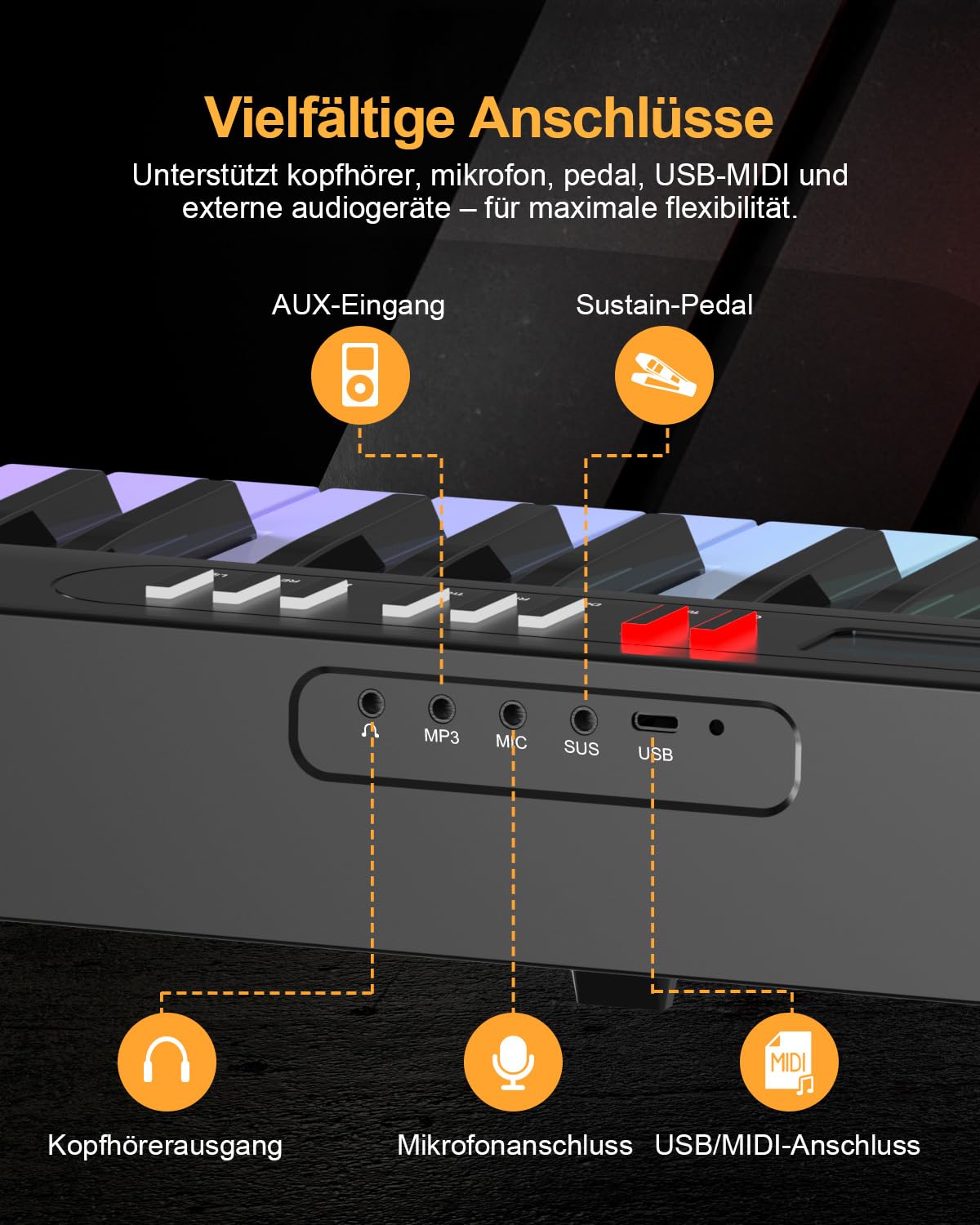 Pianoforte digitale pieghevole, 88 tasti, tastiera semiponderata con tasti luminosi colorati, Bluetooth MIDI E, tastiera portatile per principianti, adulti e bambini