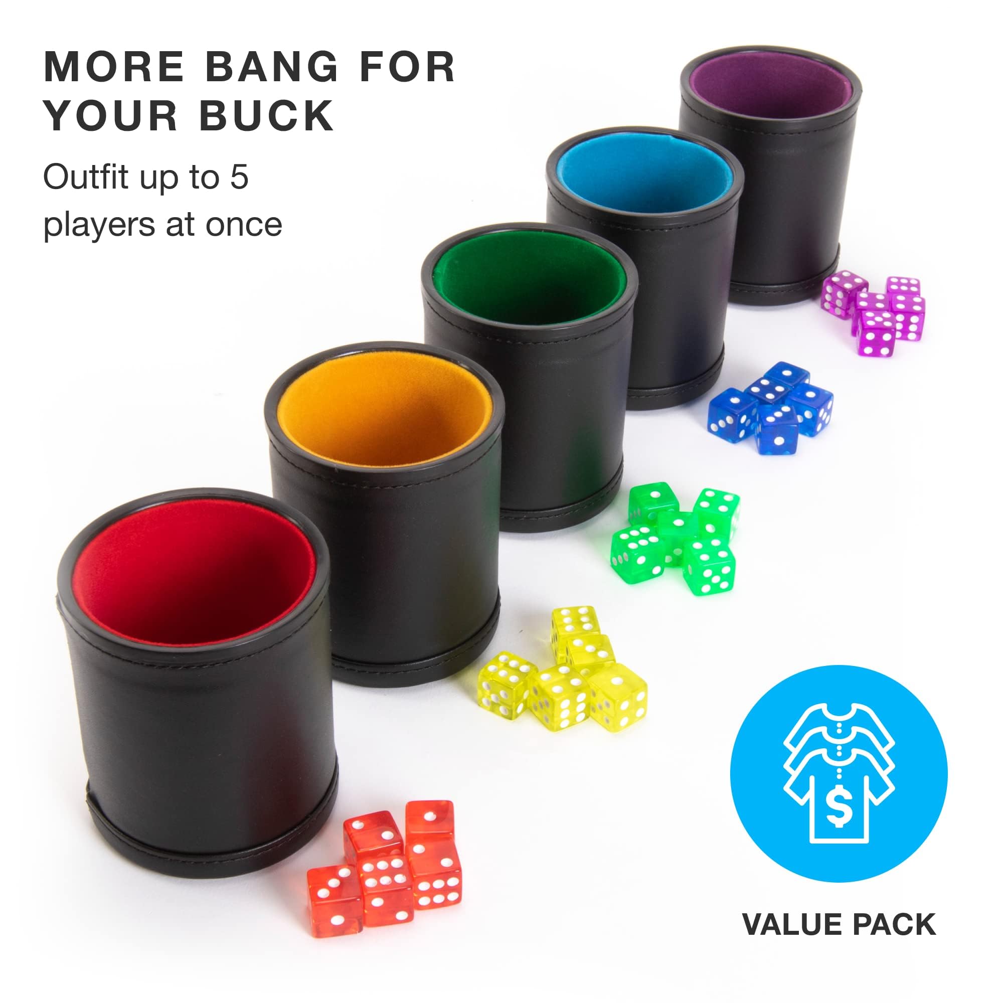Brybelly Dice Set with Dice Shaker Cup - Perfect for Casino Dice Game for Family Leather Dice Cup - Poker Dice Shaker - Multicolor Dice Cups and 25 Multicolor Dice Sets