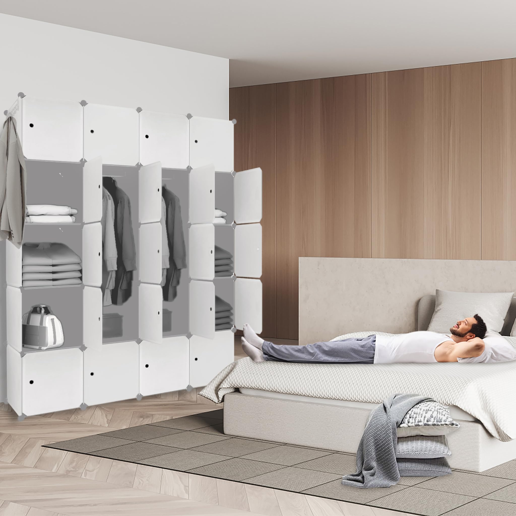 20 Boxen DIY Regalsystem Kleiderschrank Milchig mit Türen Steckregal Garderobenschrank aus Kunststoff PP Modular Aufbewahrung für Kleidung, Schuhe, Bücher, mit 2 Kleiderstange