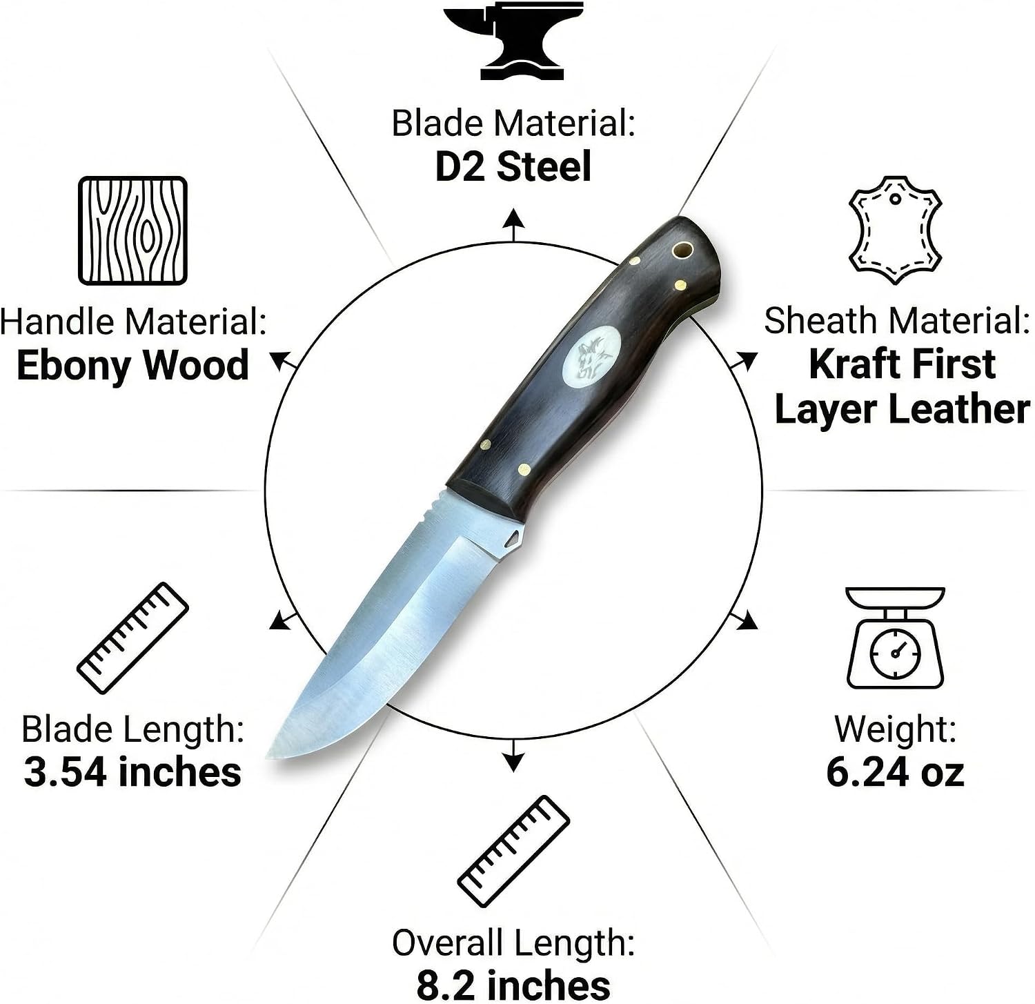 3.54 inches Bowie Knife, Full-tang D2 Steel Fixed Blade, Ebony Wood Handle Hunting Knife with Leather for Camping, Hiking, Survival