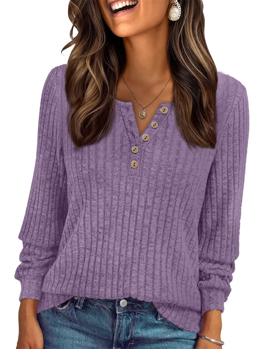 AirMood Damen-T-Shirt, elegant, lässig, langärmelig, gerippt, Tunika, Tops, lockere Passform, Sweatshirts