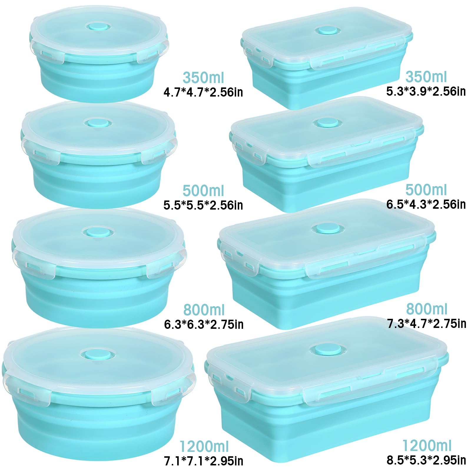 Yaomiao Lot de 16 récipients alimentaires pliables en silicone avec couvercles, 8 bols rectangulaires et 8 bols ronds, passent au micro-ondes, au congélateur et au lave-vaisselle (bleu)
