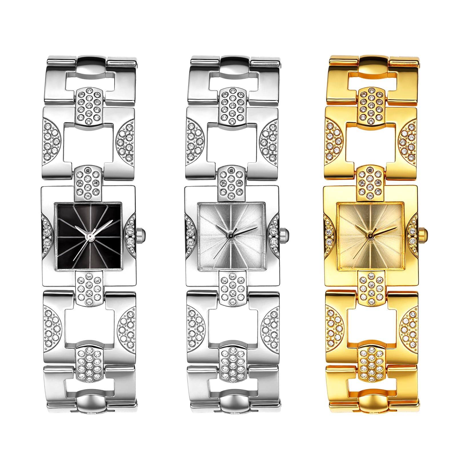 JewelryWe Zegarek damski, małe kwadratowe zegarki: 3 sztuki brokatowych strasów, analogowy zegarek na rękę, kwarcowy, metalowy, kryształowy, zegarek z kwadratowym cyferblatem, elegancki, luksusowy