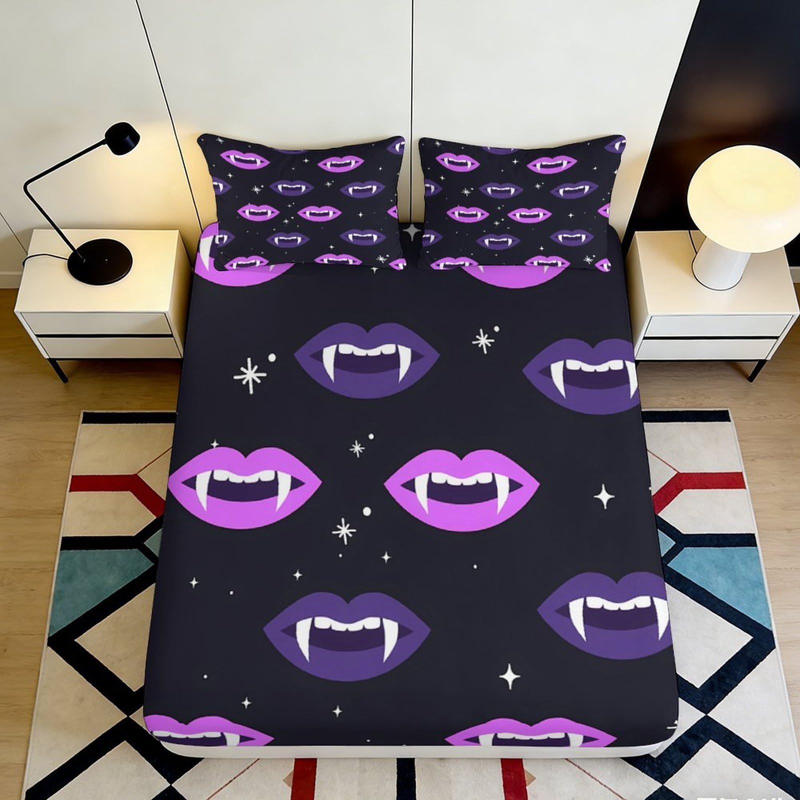3D Printed Vampire Lips Fitted Sheet Microfiber Soft Black Purple Gothic Mouth Mattress Cover for Bedroom Dorm 90x200x25cm
