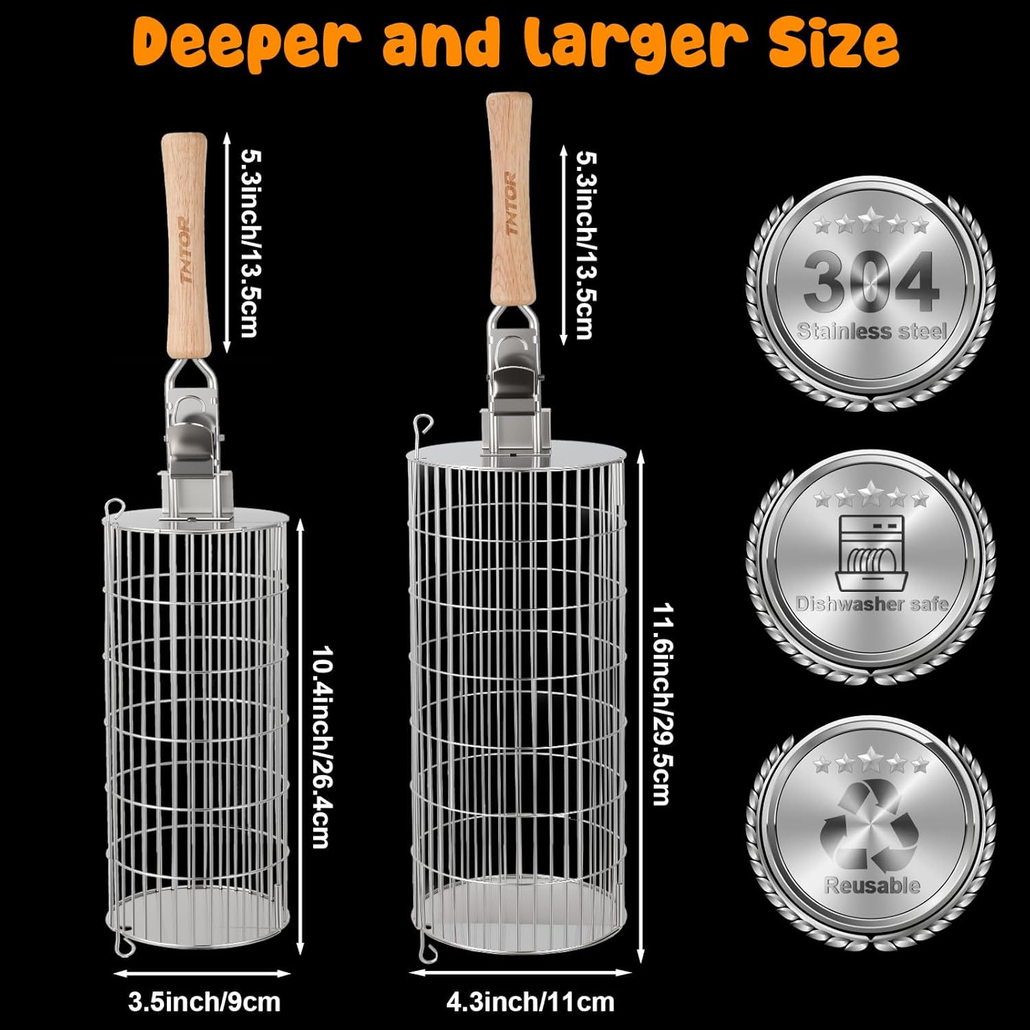 TNTOR Rolling Grill Basket, Larger 304 Stainless Steel Nesting Grilling Net, Removable Handle, BBQ Accessories Tools for Veg Shrimp, Outdoor Cooking Camping grilling gifts for men Dad Husband