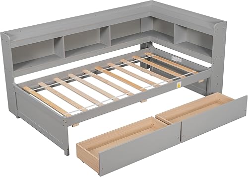 Miniatura 8 de Quarte Elegante cama de plataforma con estanterías en forma de L cama de plataforma de madera de tamaño individual con 2 cajones de almacenamiento