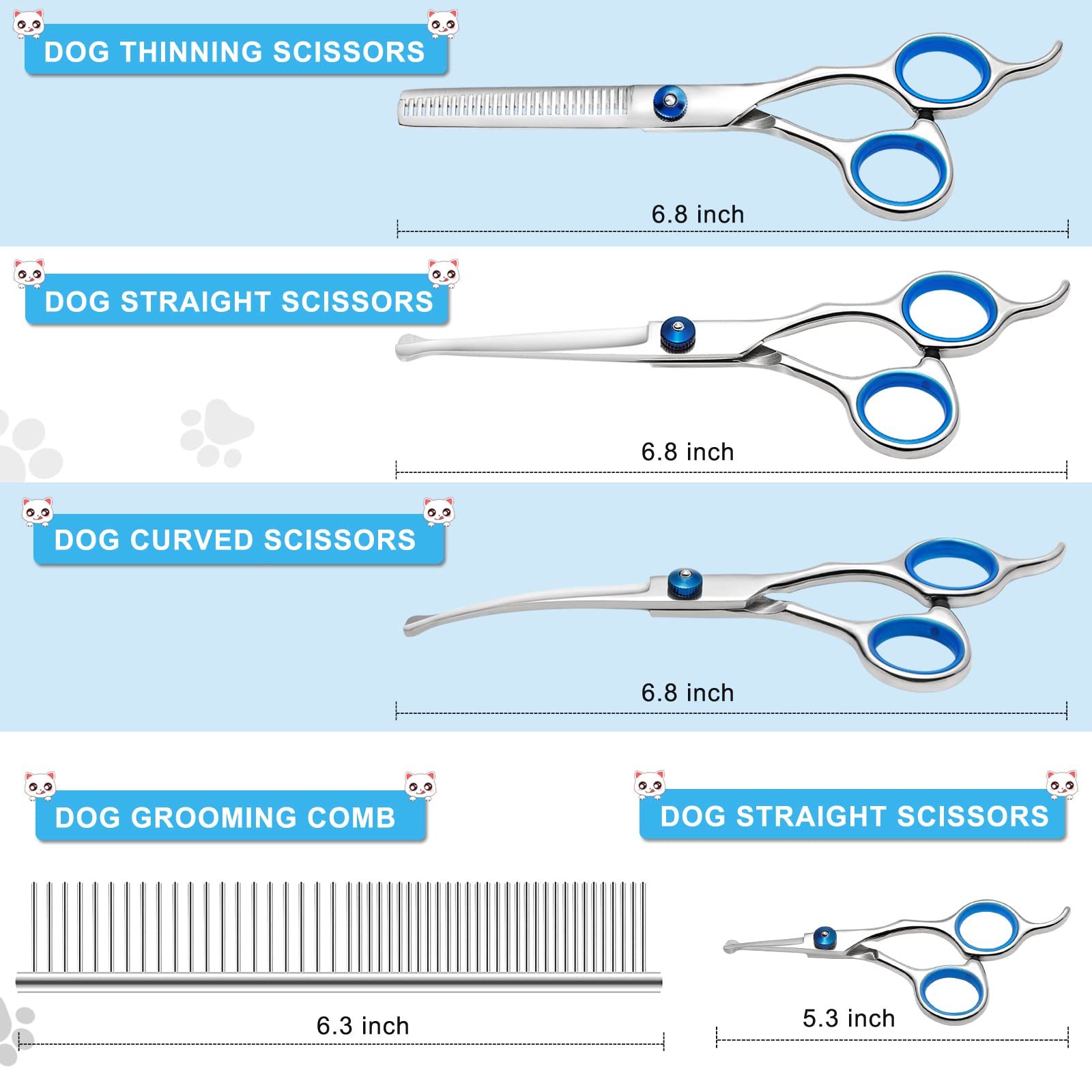 LIREN Professional 6 in 1 Dog Grooming Scissors Kit with Safety Round Tips, Heavy Duty Stainless Steel, Blue, Modern Style, Right Hand, 7 Items, Perfect for Dogs and Cats