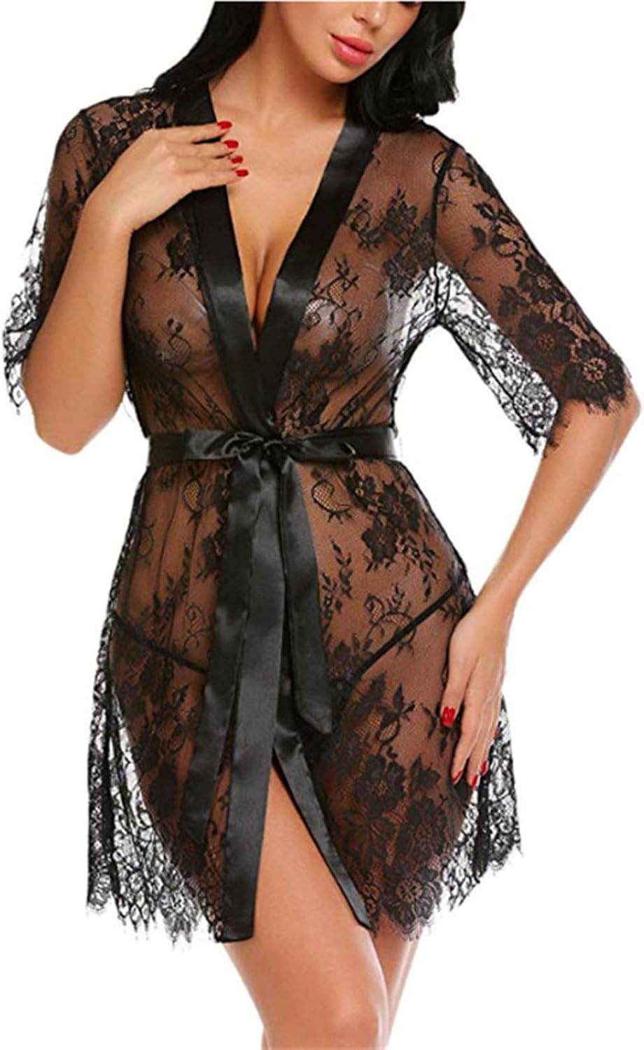 Sexy Lace Robe Kimono Mesh Nightgown Babydoll Lingerie Set Sexy Lingerie Women's Lace Ladies Cardigan : Clothing, Shoes & Jewelry
