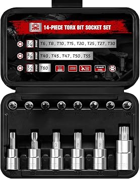 BLACKROBOT 14-Piece Torx Bit Socket Set T6-T60, S2 and Cr-V Steel Star Bit Socket Set 1/4 3/8 1/2 Drive, T Torx Enhanced Storage Case for Motorcycle Bicycle Machinery Repair