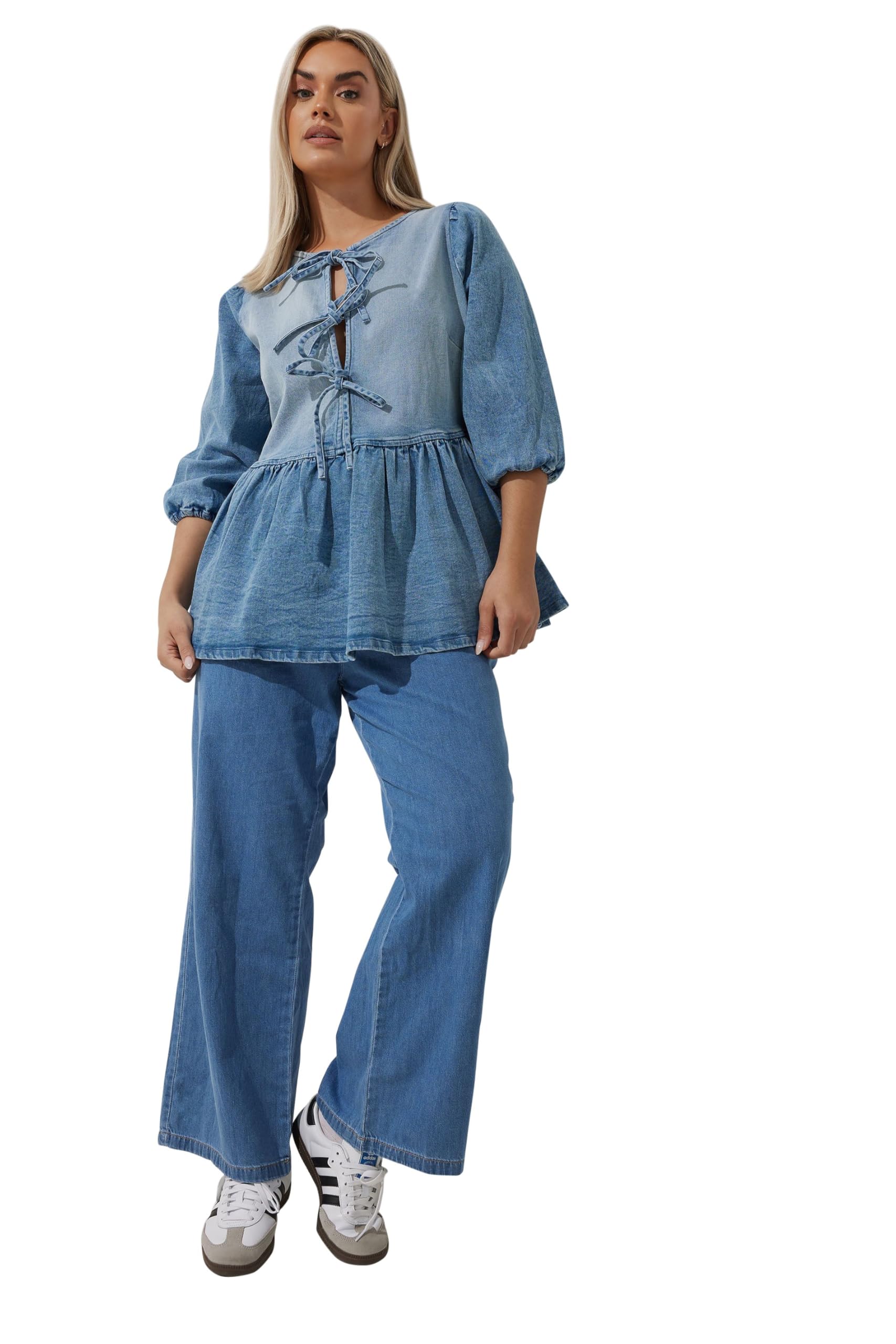 Yours Limited Collection Curve Denim Bow Tie Front Peplum Top - Women's - Plus Size Curve