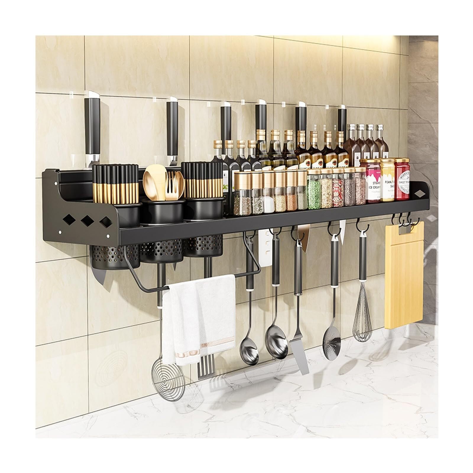 Portaspezie da parete nero, 70 cm, organizer da cucina per spezie, erbe e condimenti, soluzione salvaspazio per chef domestici