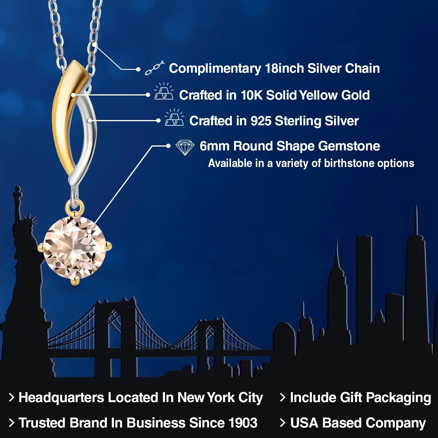 Gem Stone King 925 Silver and 10K Yellow Gold Peach Morganite Pendant Necklace for Women | 0.60 Cttw | Gemstone October Birthstone | Round 6MM | With 18 Inch Silver Chain - Image 2