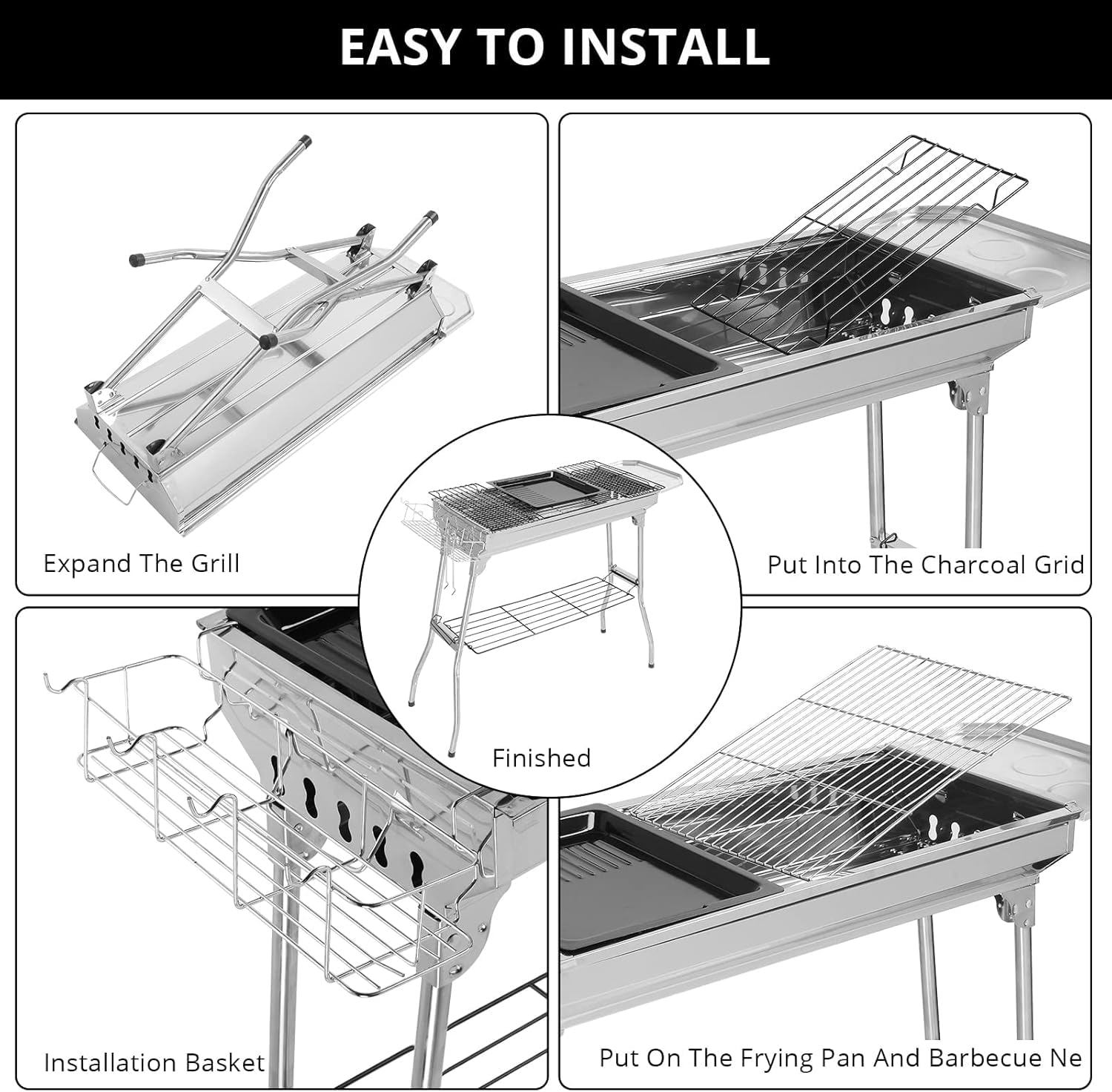 LEADZM Barbecue Charbon de Bois en Acier Inoxydable – Pliant et Portable (100x31x71cm déplié) – Pour 5-10 Personnes – Idéal Camping, Terrasse & Extérieur
