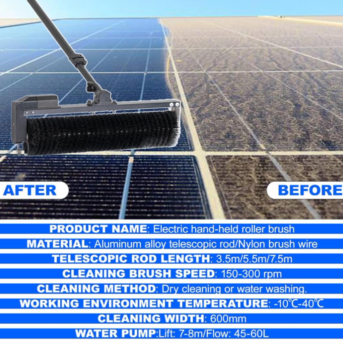 Zestaw elektrycznych pędzli do czyszczenia paneli słonecznych, szczotka obrotowa o 360° (60 cm) + regulowany drążek teleskopowy 5,5 m dla wydajnego czyszczenia na zewnątrz