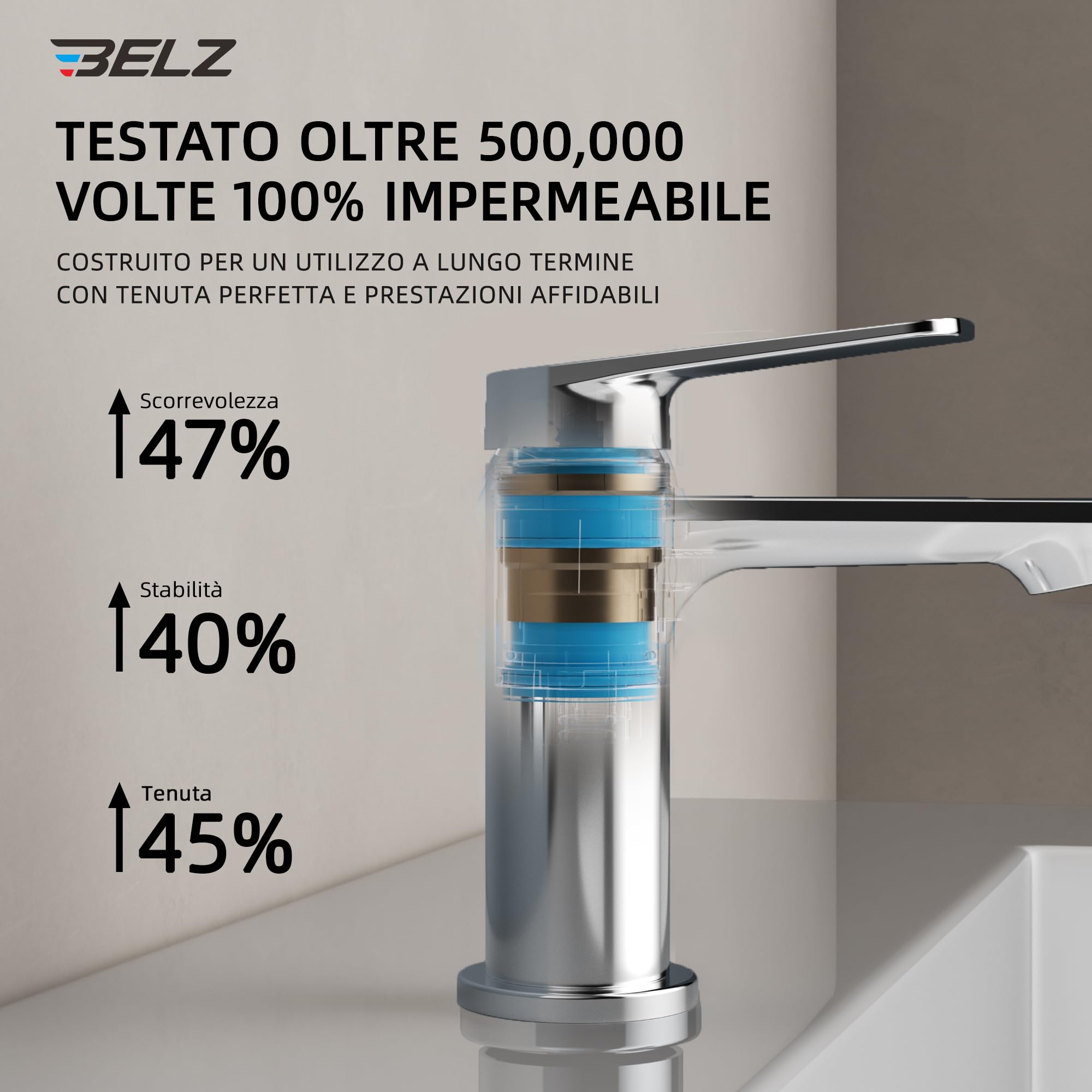 BELZ Miscelatore Lavabo Cromato in Ottone Massiccio, Rubinetto Monocomando | Senza Piombo e Antiruggine, Risparmio Idrico 40%, Cartuccia Ceramica 500.000 Cicli, Antigoccia, Silenzioso e Antischizzo