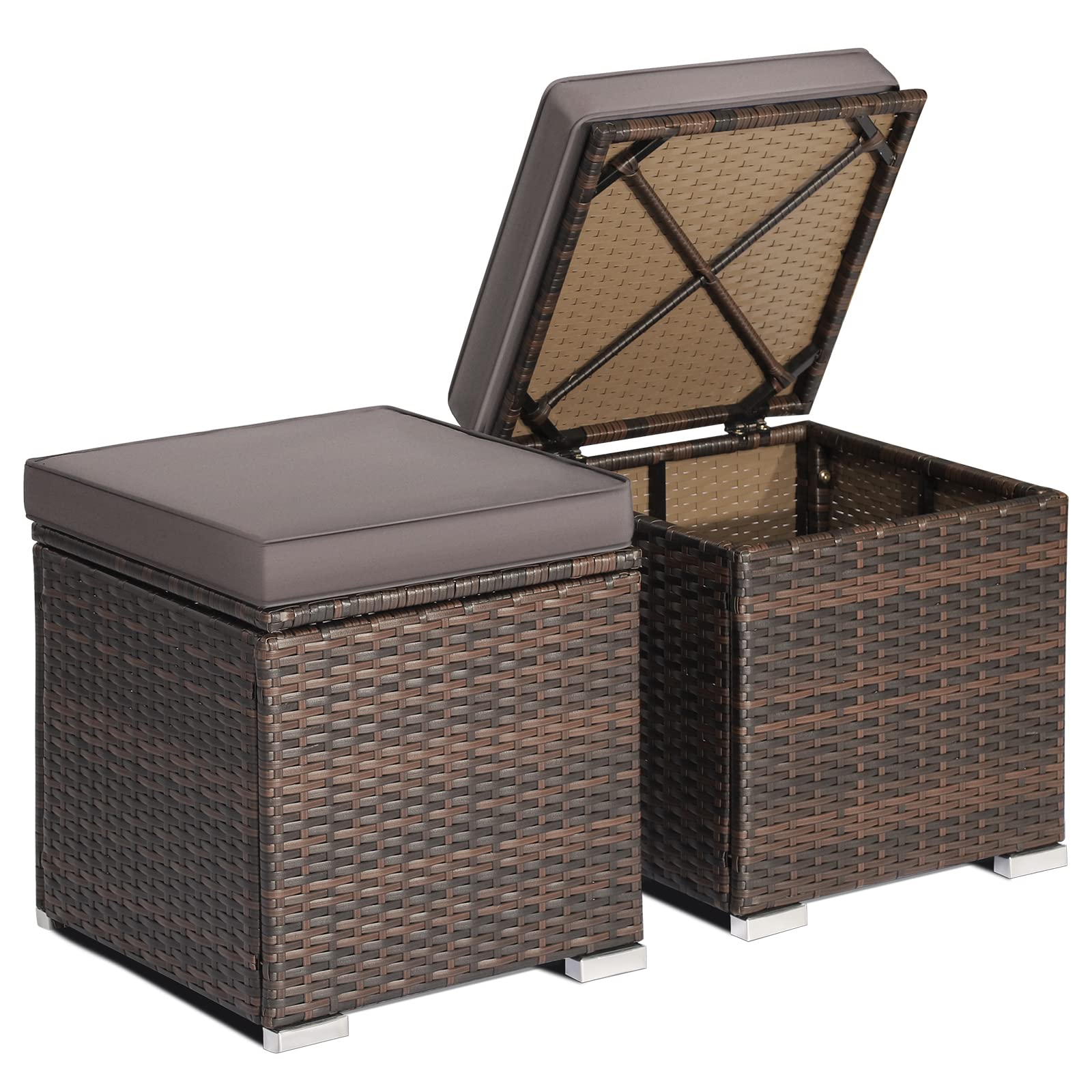 RELAX4LIFE Wicker Outdoor Storage Ottoman, 2-Piece Rattan Footstool w/Removable Cushion, Multipurpose Footrest Stool Side Table Additional Seating, Set of 2 Outdoor Ottomans for Patio Deck (Grey)