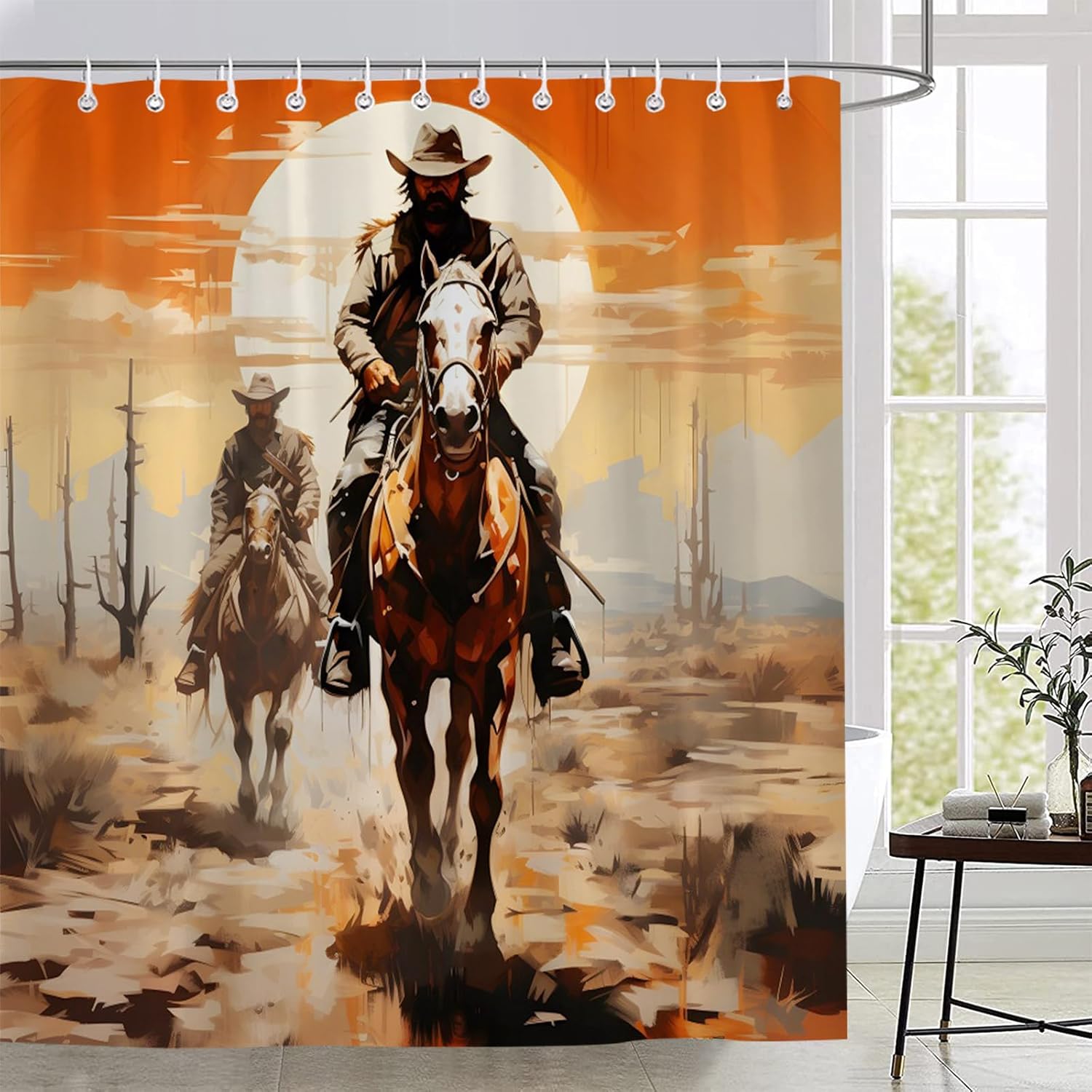 Western Cowboy Shower Curtain Desert Cactus Farmhouse Country American West Cowboy Riding Horse Bathroom Curtains Fabric Decor with Hooks 80X70 Inch, Orange Brown, YL5392AM-200X180CM