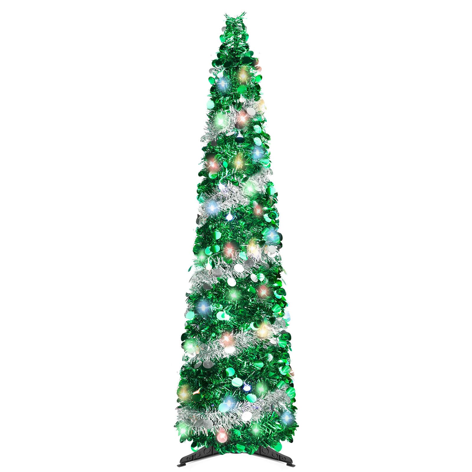 QBA Sapin de Noël pop-up de 1,5 m avec 90 lumières, sapin de Noël pliable à guirlandes fines pour la maison, le bureau, le dortoir, l'appartement, la boutique, les fêtes, vert argenté