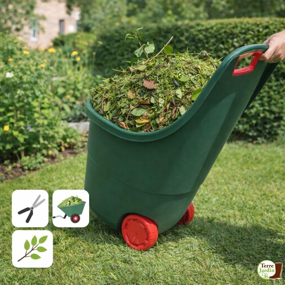 TERRE JARDIN Chariot de Jardin 45 L en Plastique - Brouette de Jardin 2 Roues Maniable avec Poignée - Chariot à roulettes pour Bois de Chauffage, Déchets Verts et Entretien Extérieur