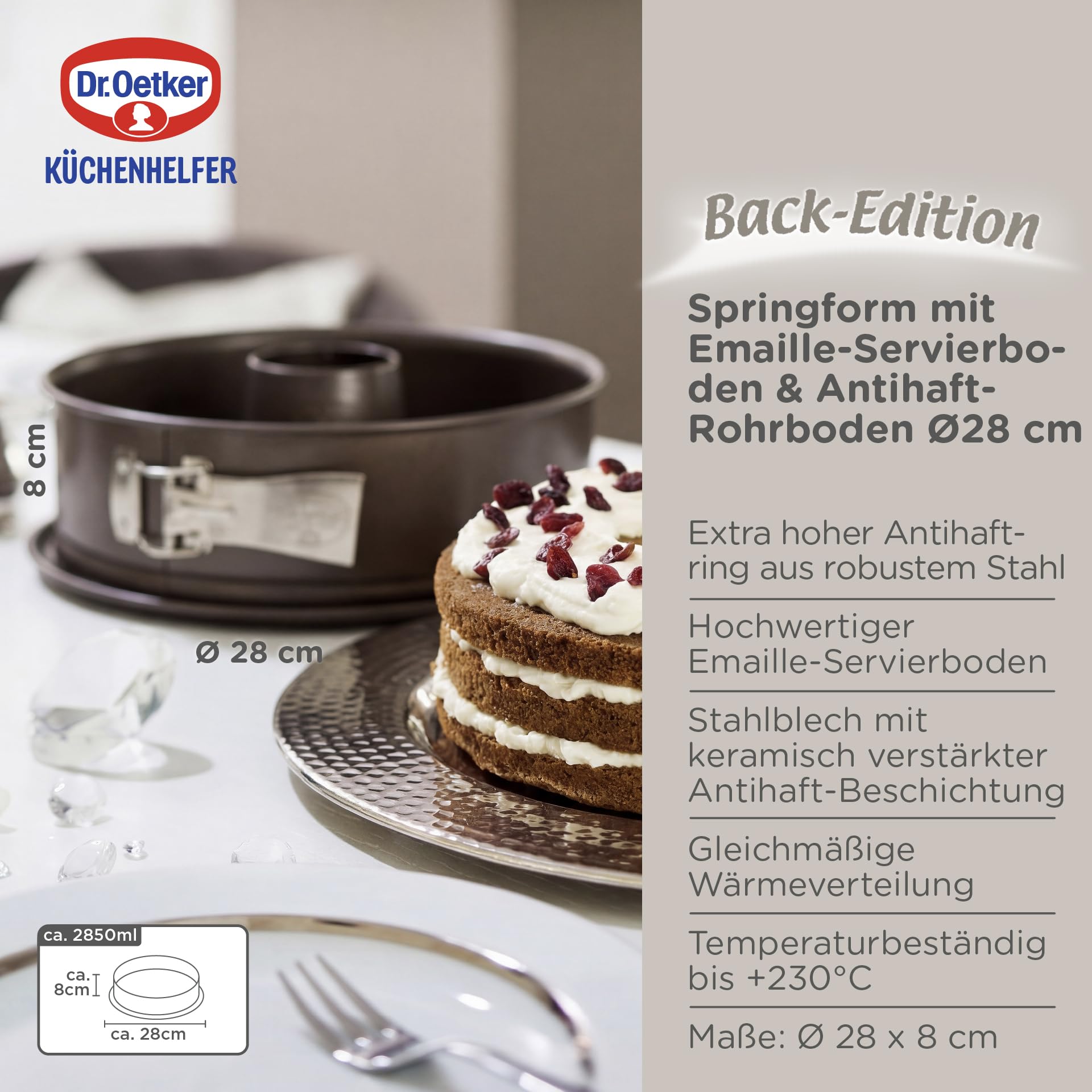 Dr. Oetker Springform mit Servier- & Rohrboden Ø 28 cm Back-Edition – Backform mit keramisch verstärkter Antihaft-Beschichtung, schnitt-& kratzfester Boden, hitzebeständig bis 230°C, 3650 ml