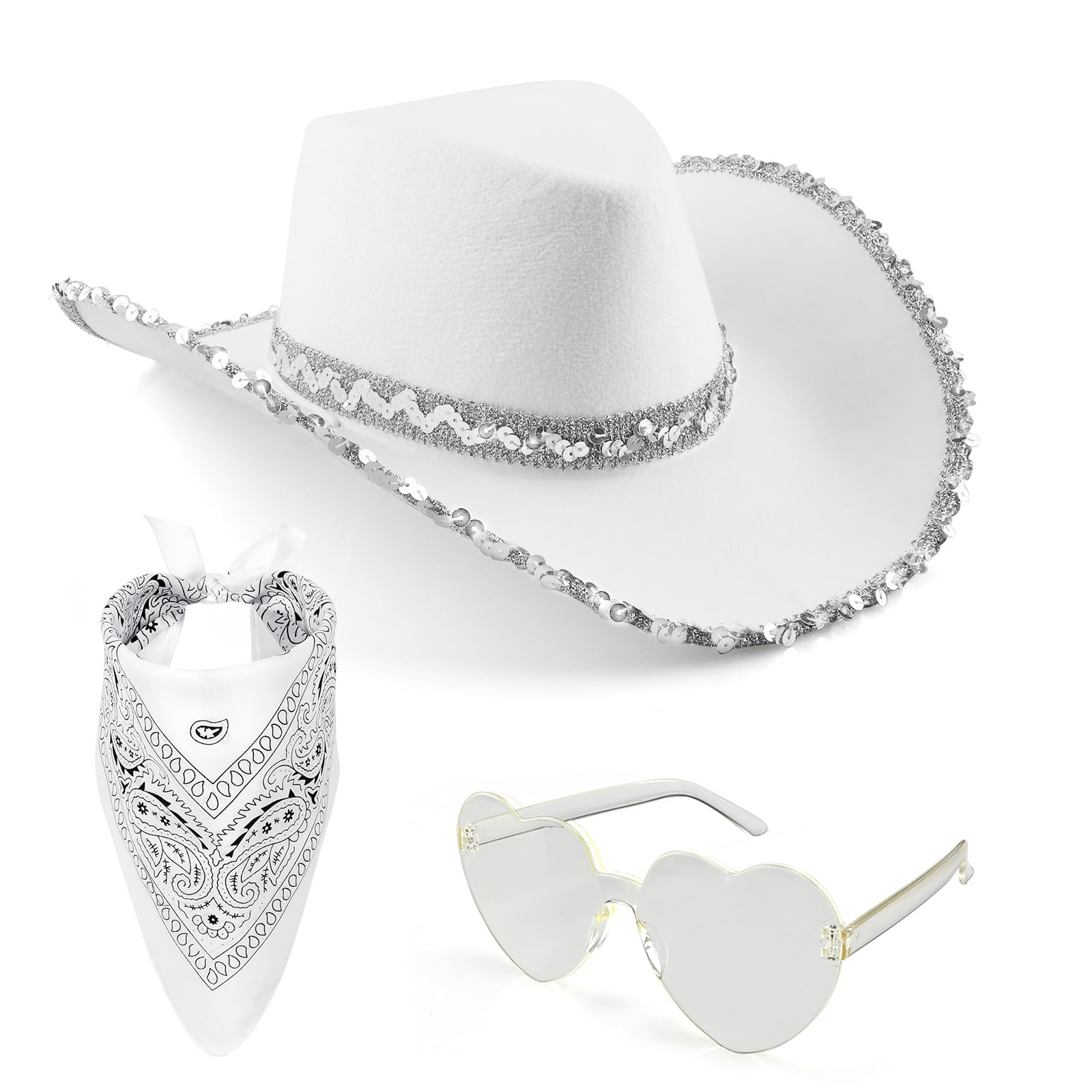 Tanganan Cowboy Hat for Women Men Cowgirl Hat Sparkly Cowboy Hats for Halloween Costume Dress Up,Bachelorette Theme Party (White)