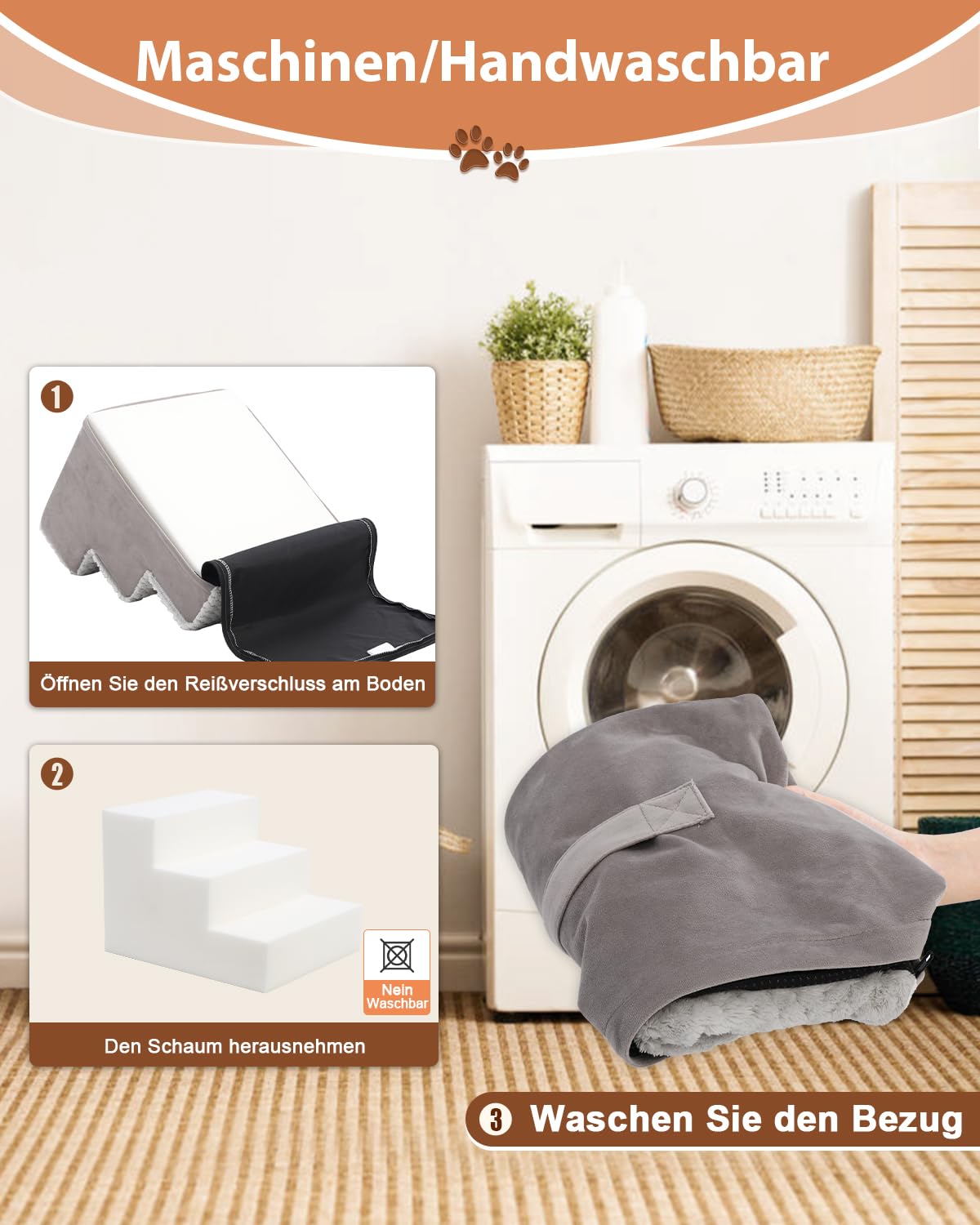 KSIIA Hundetreppe für Kleine Hunde 44cm Hoch, Haustiertreppe mit Abnehmbarem Waschbarem Bezug, Katzentreppe für Alte Katzen Hunde, Rutschfestem Hunderampe Hundetreppe für Bett Sofa, Grau