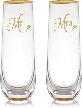 Stemless Wedding Champagne Flute - Mr & Mrs Champagne Flutes With Gold Rim & Base - Bride & Groom Gift Set of 2