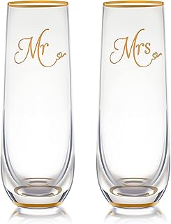 Trinkware Stemless Wedding Champagne Flute - Mr & Mrs Champagne Flutes With Gold Rim & Base - Bride & Groom Gift Set of 2