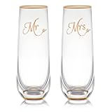 Trinkware Stemless Wedding Champagne Flute - Mr & Mrs Champagne Flutes With Gold Rim & Base - Bride & Groom Gift Set of 2