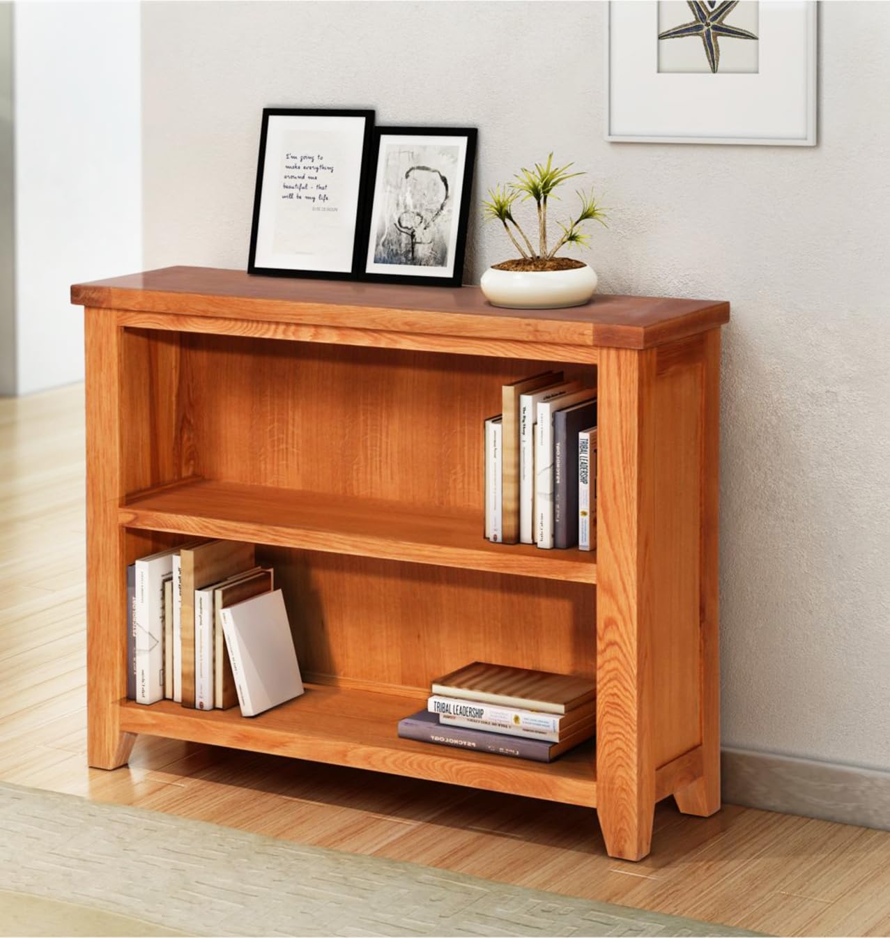 Hallowood Furniture Cotswold Oak Low Wide Bookcase with 1 Fixed Shelf, Solid Oak Book Case Unit, Wooden Bookshelf, Fully Assembled Low Storage Unit for Bedroom, Home Office, Living Room