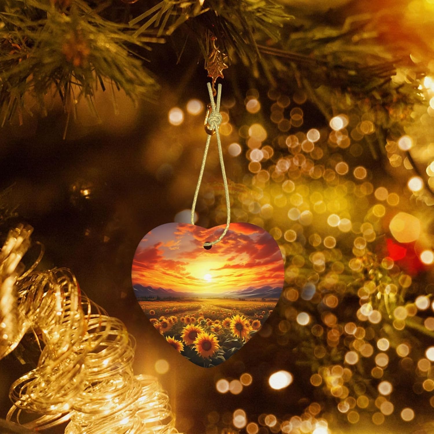 Ceramic Christmas Ornaments Heart Shaped Xmas Hanging Ornament Double-Sided Dreamlike Sunset of A Sunflower Field Print Christmas Tree Pendants for Fireplace Party Holiday Wedding Xmas Decoration
