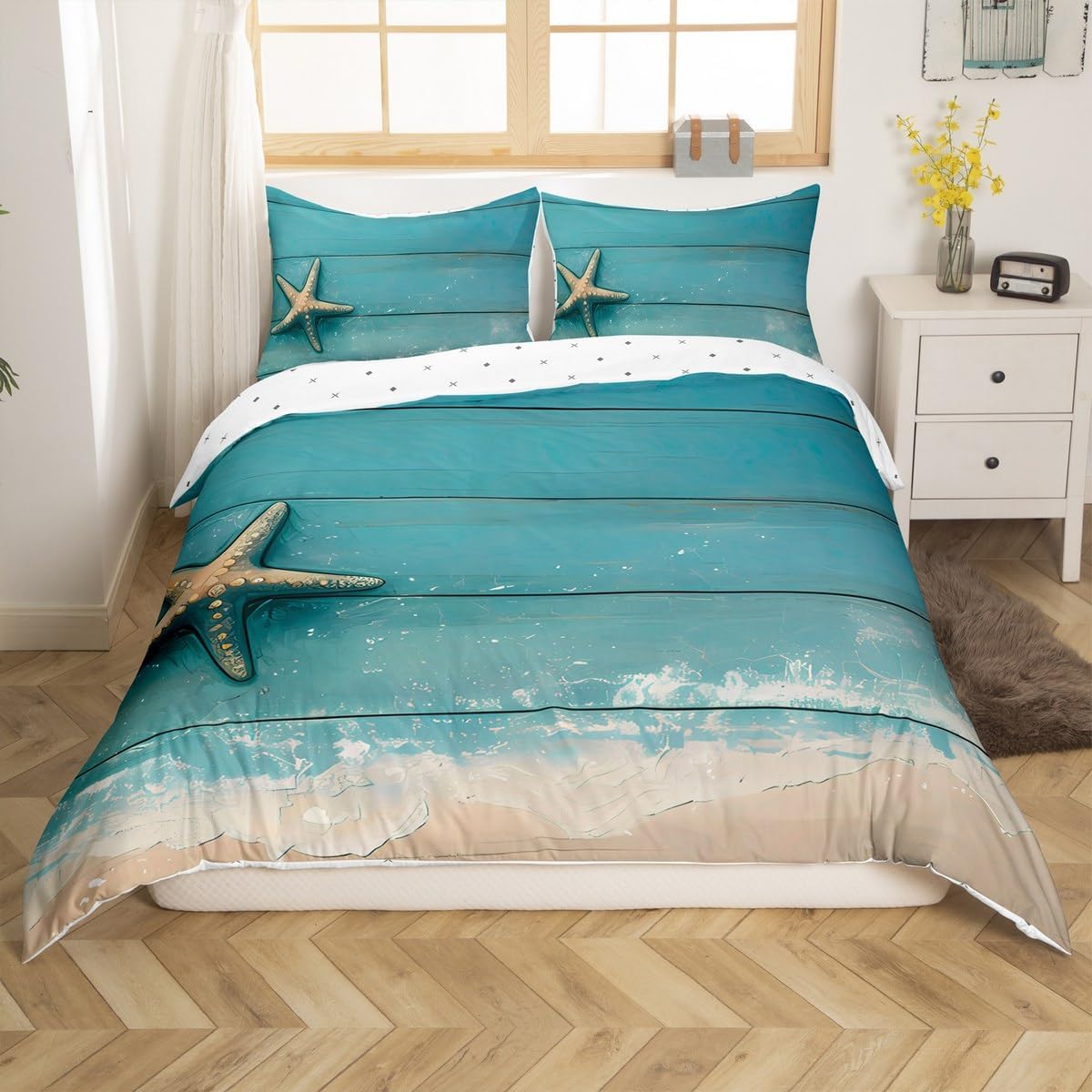 jejeloiu Kids Starfish Comforter Cover Set Toddler Size Nautical Ocean Bedding Set for Boys Girls Summer Duvet Cover Bedspread Cover Quilt Cover,No Stuffing