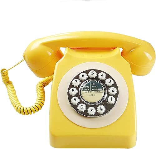 Miniatura 2 de Benotek - Teléfono fijo retro de estilo antiguo color amarillo antiguo con teclado de dial pulsador teléfono antiguo con cable de una sola línea