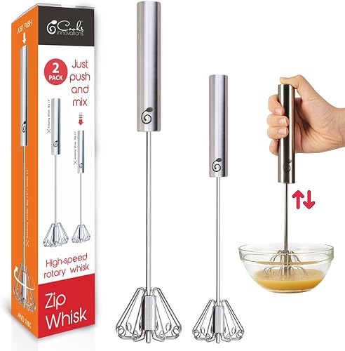 Stainless Steel Push-Down Rotary Egg Beater Hand Whisk 2 Pack 12 & 14 Inch | Semi-automatic | Frothing Milk | Blending | Mixing