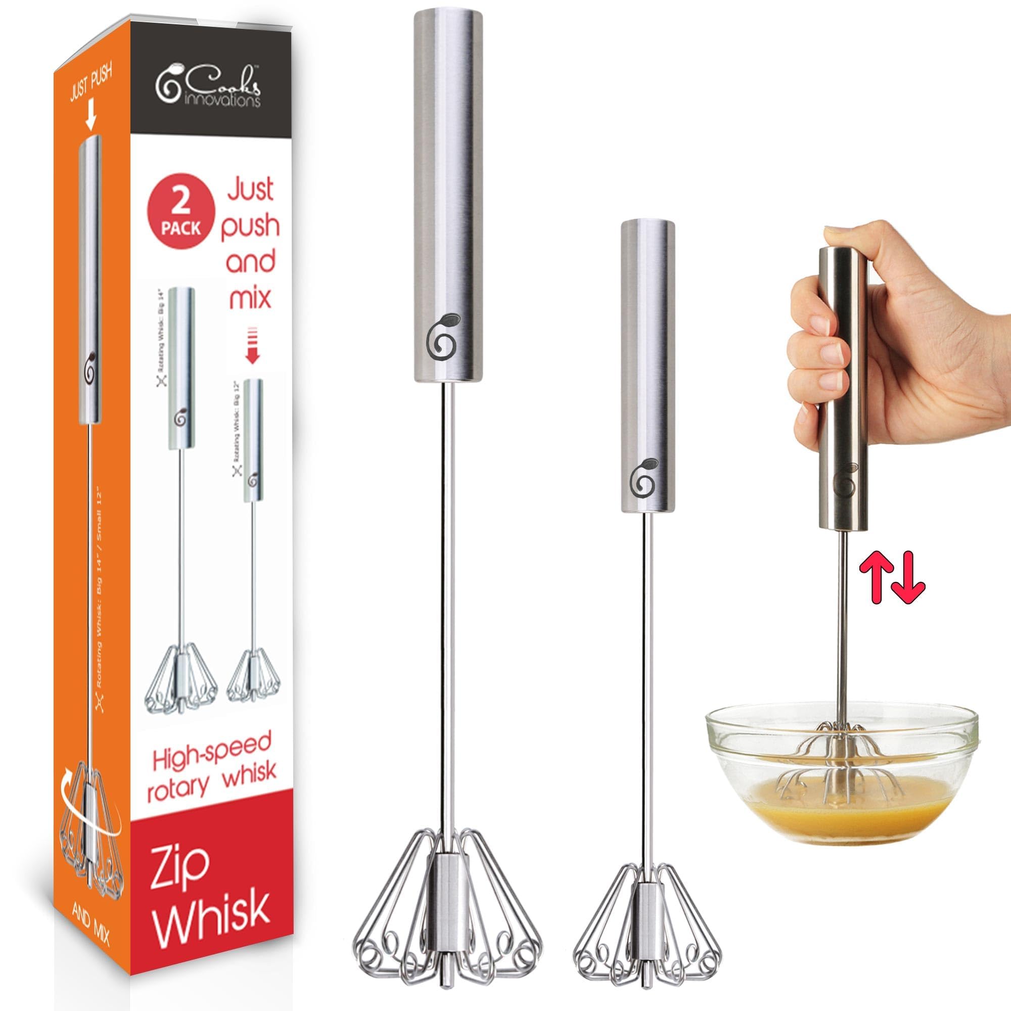 Batidor de huevos giratorio de acero inoxidable, 2 unidades, 12 y 14 pulgadas | Semiautomático | Leche espumosa | Mezcla | Mezcla