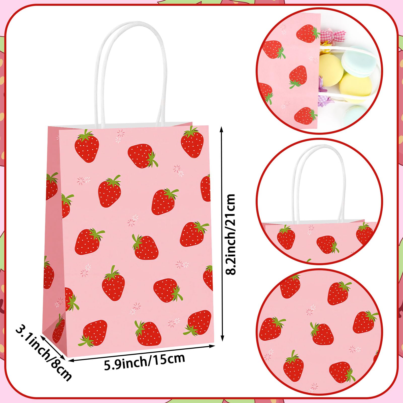 Lemicin 12 Pcs Strawberry Gift Bags Strawberry Party Favor Gift Bags Pink Berry Sweet Paper Candy Treat Goodie Bag with Handles for Birthday Baby Shower Summer Holiday Party Supplies