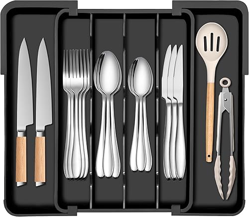 Organizador de cubiertos de cocina para cajón, organizador de cubiertos expandible, soporte ajustable para cajones de utensilios, bandeja de