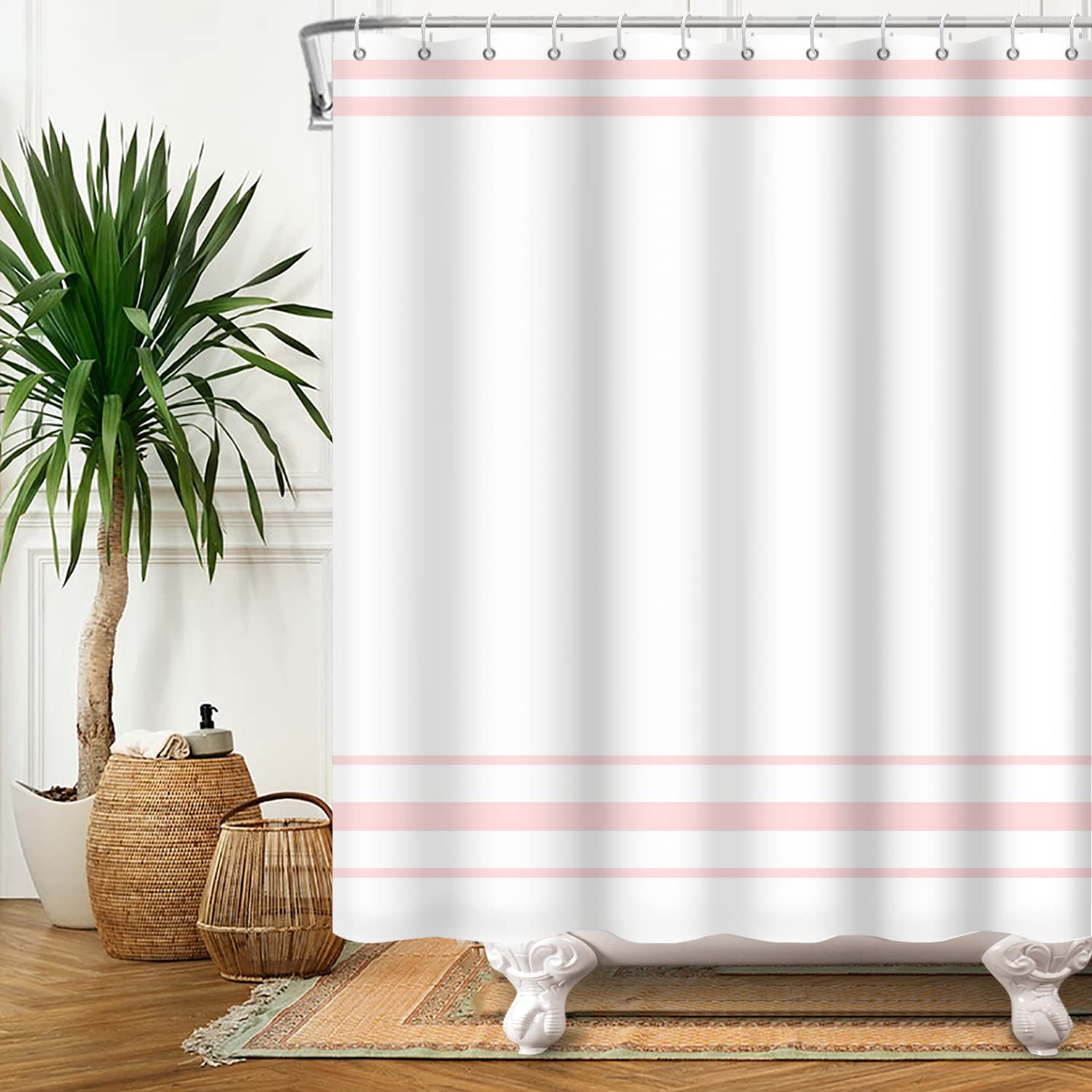 SDOTPMT 140x180cm Pink and White Shower Curtain Modern Minimalism Pink Striped Bath Curtain Countryside Farmhouse Classic Aesthetic Bathtub Curtain for Bathroom Decor Polyester with Hooks - Image 2