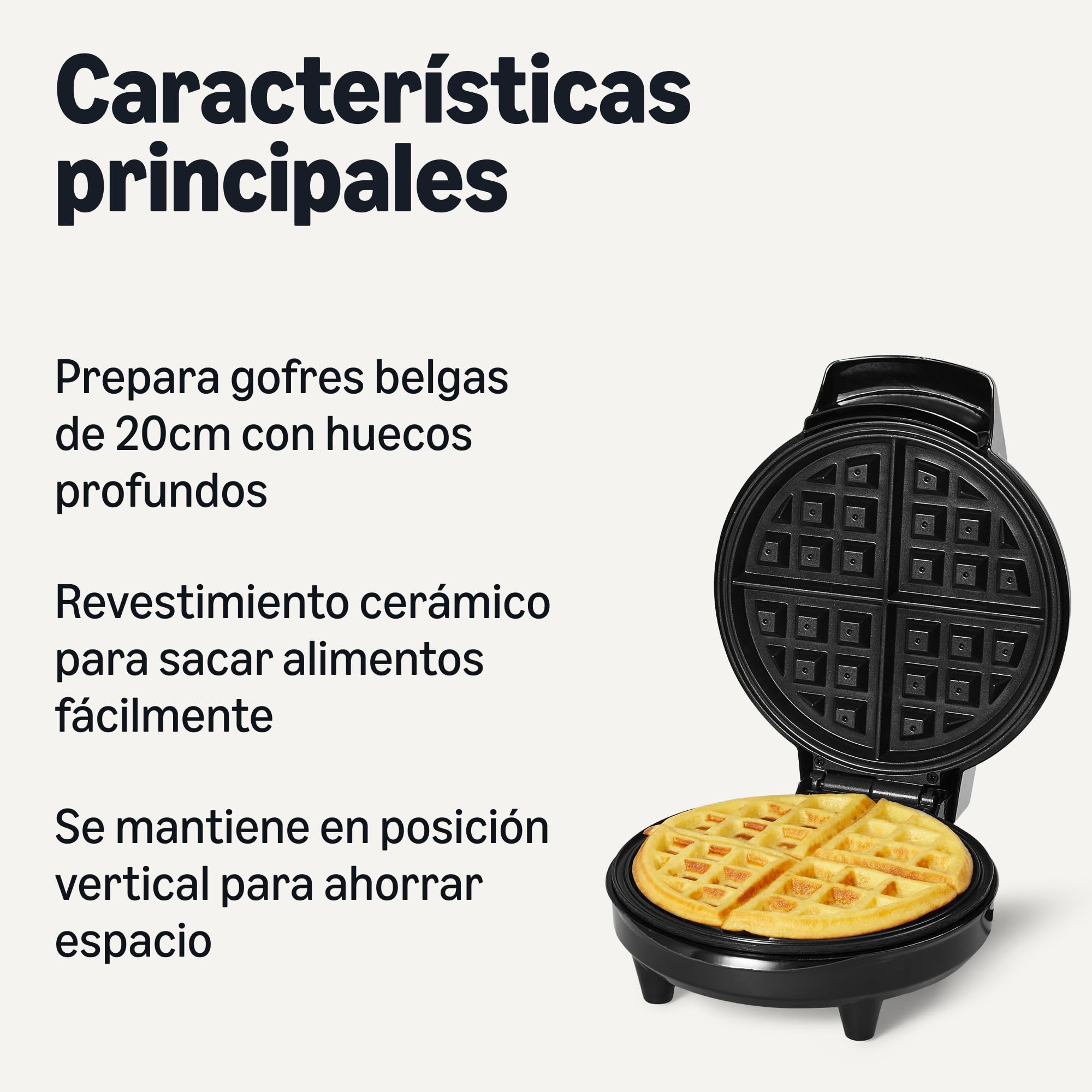 Amazon Basics Máquina para Hacer Gofres con Placa Redonda Antiadherente de Cerámica de 20cm, Control de Dorado, Negro