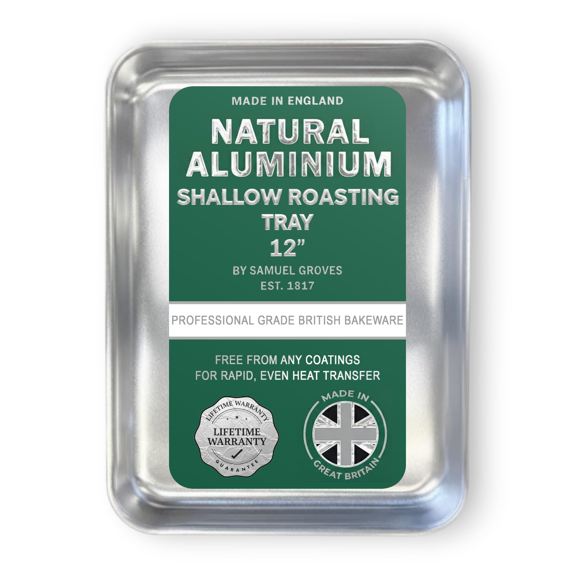 Samuel Groves 12" Professional Aluminium Shallow Roaster – Made in England - 32 x 22 x 4cm – Non-Toxic, Natural Uncoated Aluminium Roasting Tin – Bakewell Pan (Shallow Roasting Tray, 12")