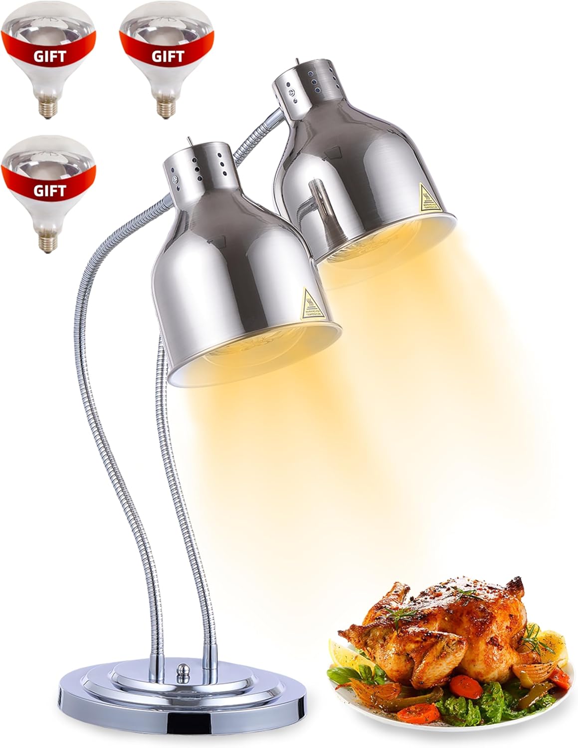 Food Heat Lamp: [Rapid-Heating Bulbs Included] [Steady Heating] Commercial Food Warmer Lamp, Electric Heat Lamp for Food Catering Food Warming Lamp for Buffet Parties (Polished Silver, 32" (2-Head))