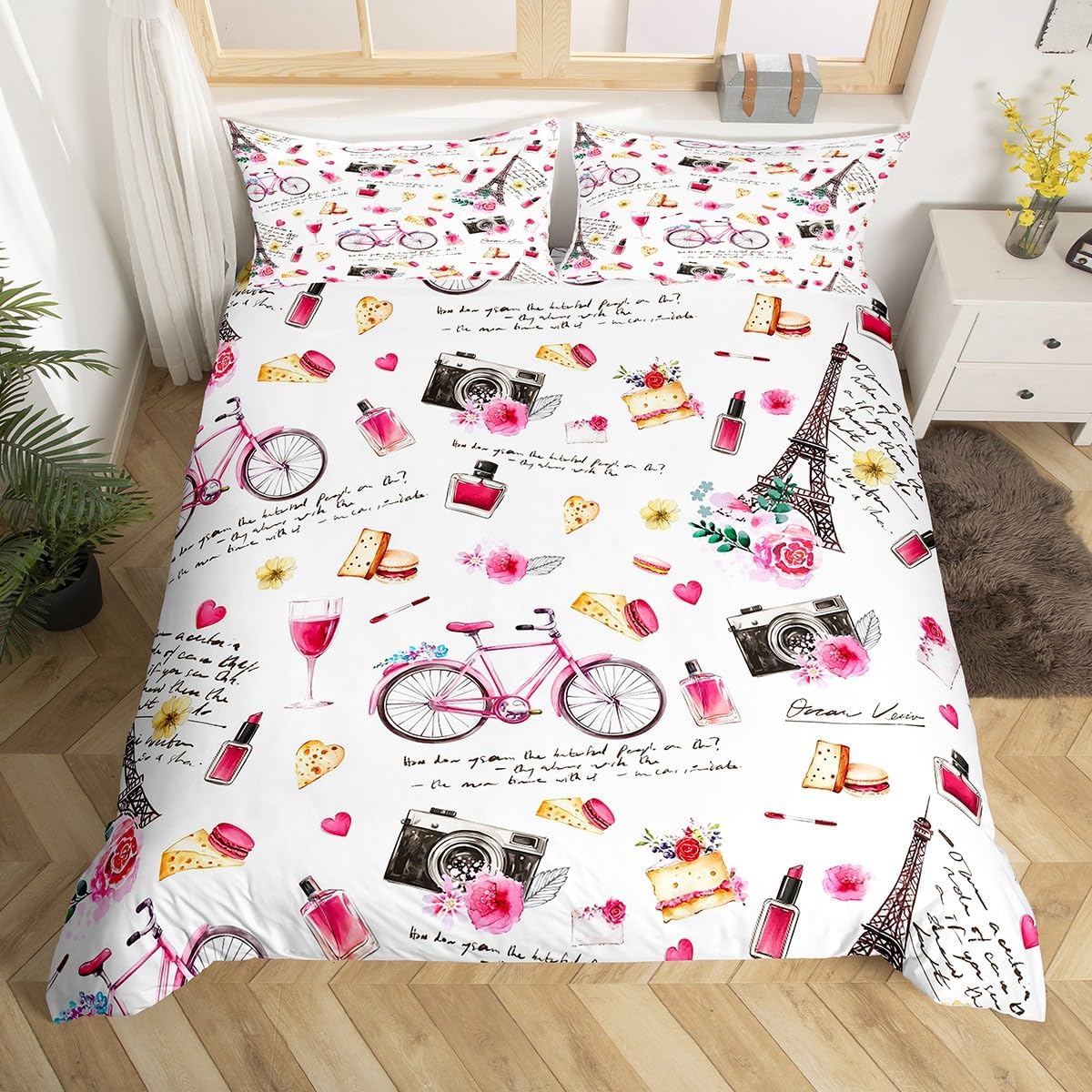 Parisian Style Toddler Duvet Cover,Pink Bike Flowers Lady Lipstick Perfume Bedding Sets for Kids Girls Teens Women,Eiffel Tower Romantic Style Comforter Cover with 1 Pillowcase(No Comforter)2 Pcs