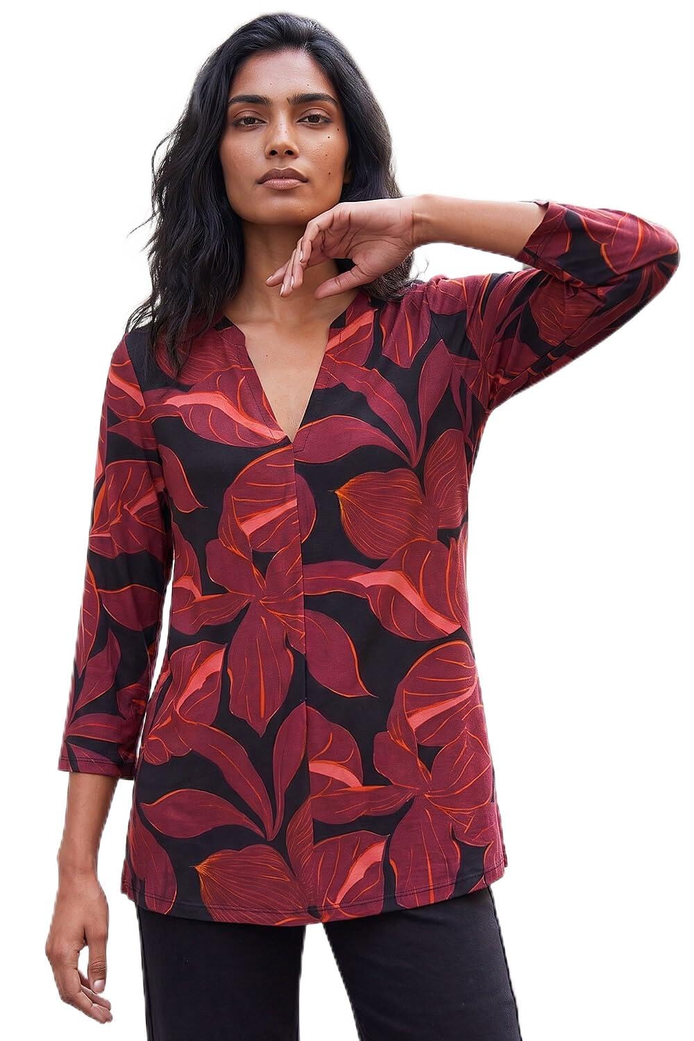 Roman Women's Floral V-Neck Stretch Top in Red | Size: 12