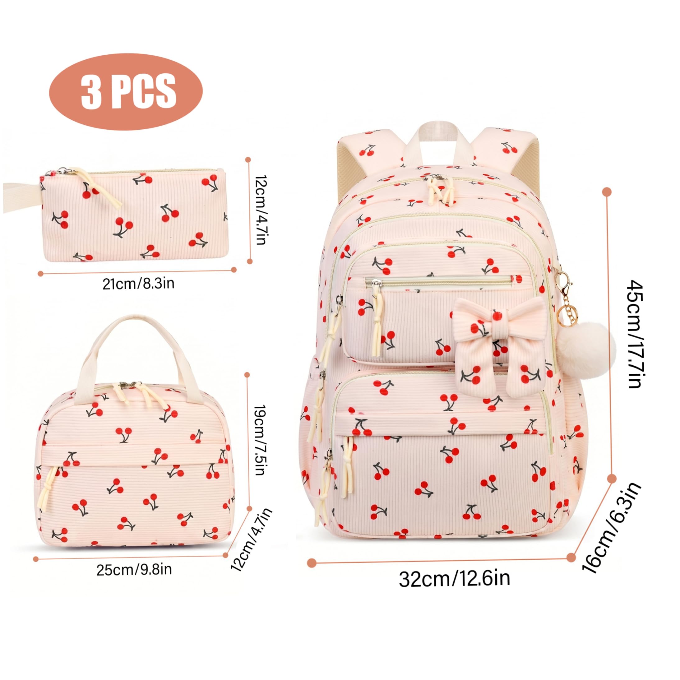3 unids/set mochila de cereza, linda mochila de pana con paquete de comida y estuche para lápices para niñas y mujeres, beige, preppy, cereza