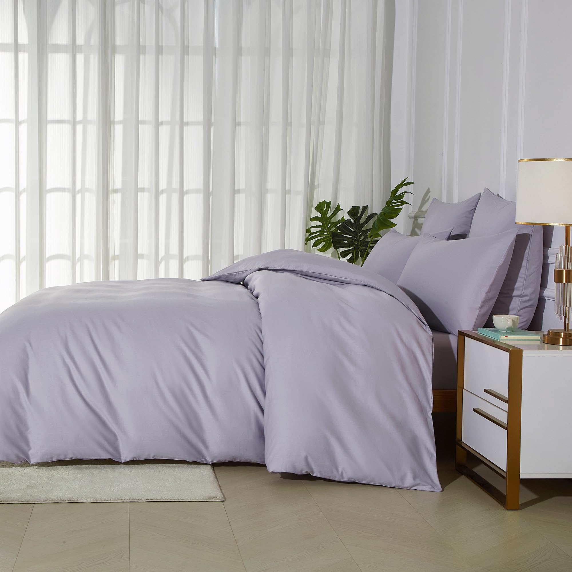Biancheria da letto in cotone 155 x 220 cm, tinta unita, Lyocell, morbida e traspirante, set semplice copripiumino con chiusura lampo e 2 federe da 80 x 80 cm