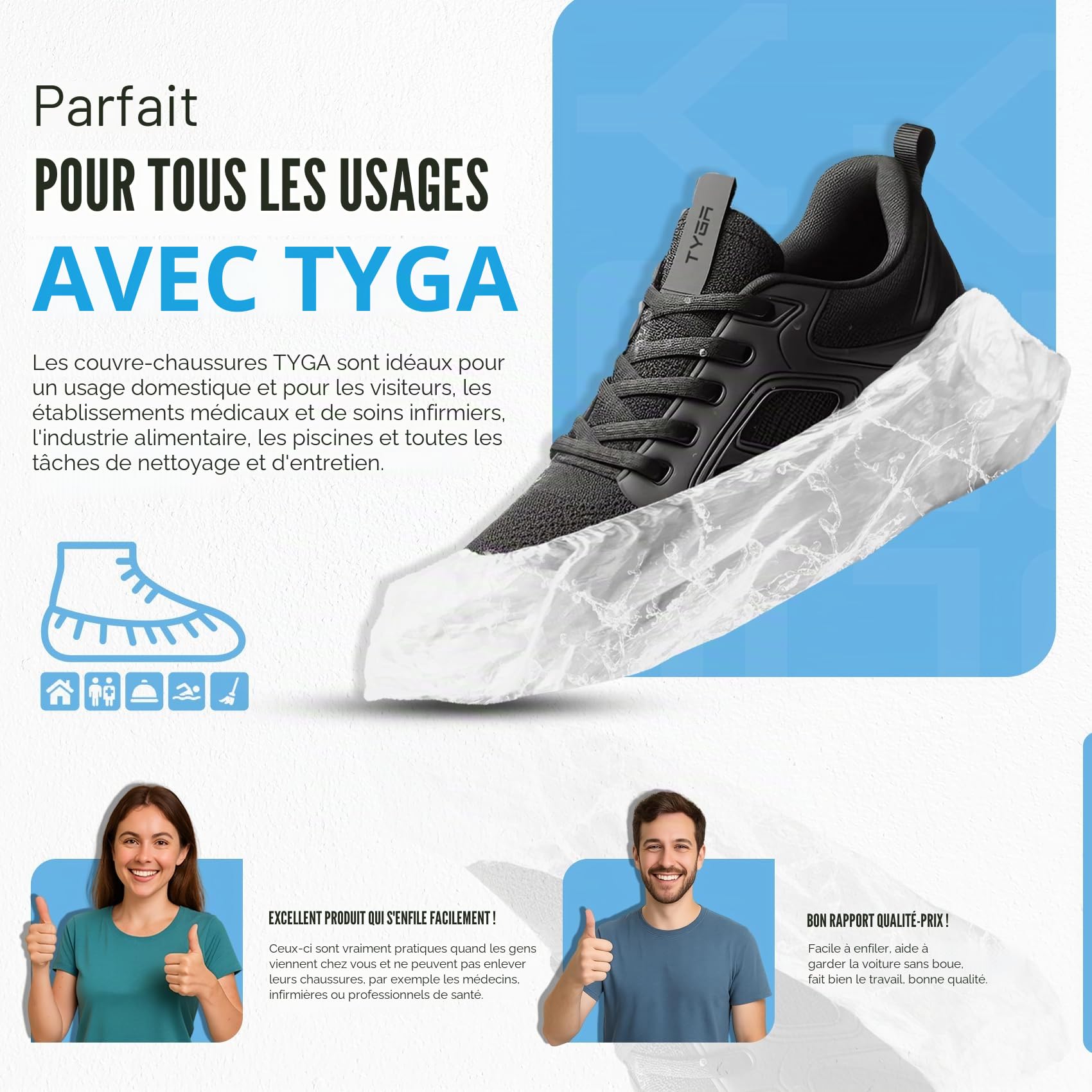 TYGA Lot de 100 couvre-chaussures imperméables en relief antidérapants pour protéger le sol, la moquette, le nettoyage, utilisation en intérieur/extérieur, blanc