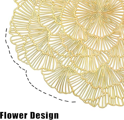 Miniatura 6 de Manteles individuales redondos de vinilo dorado prensado metálico, 3 piezas de 15 pulgadas, resistentes al calor, manteles individuales huecos para