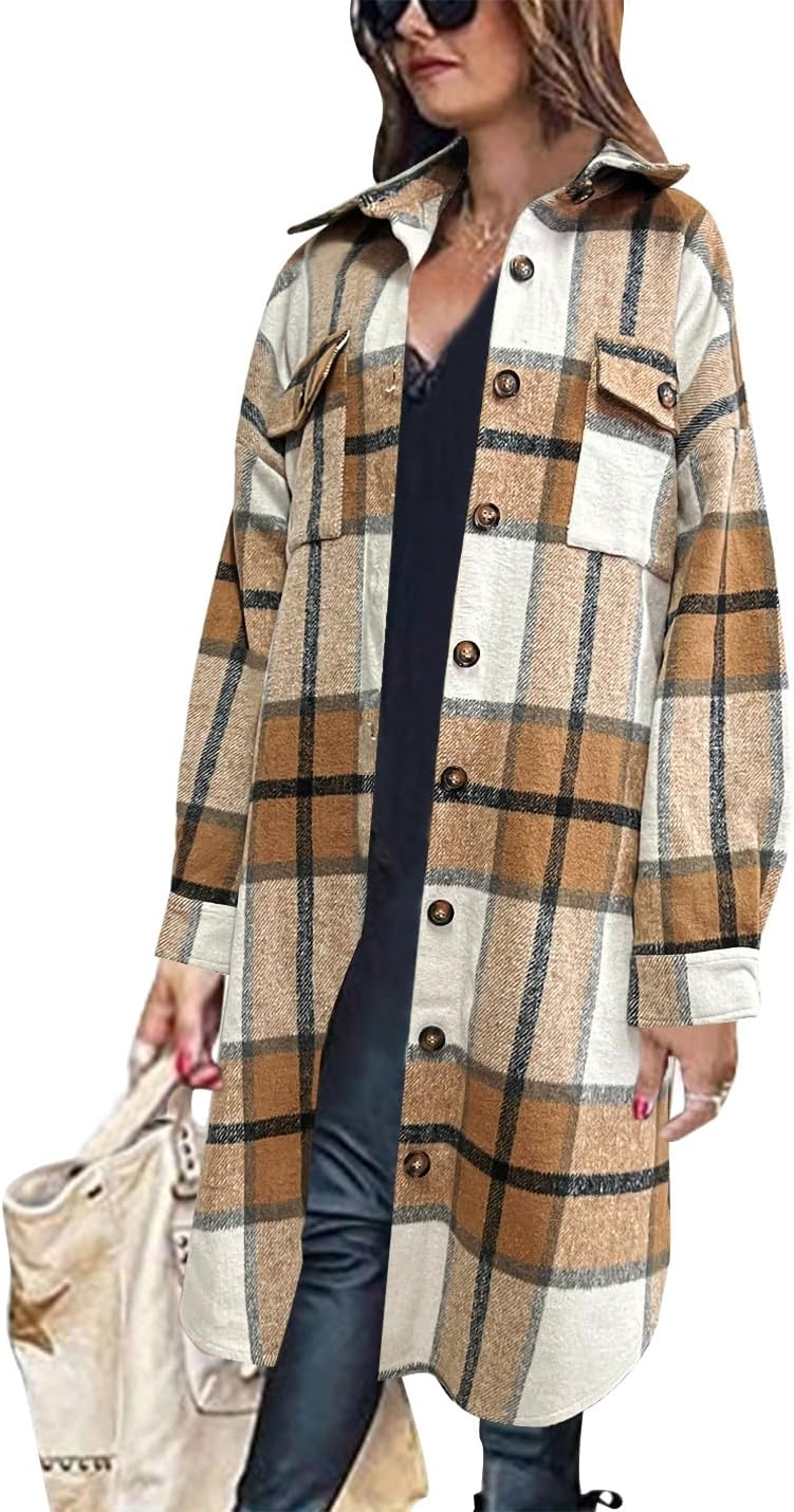 Women's Lounge Lapel Button Up Long Sleeve Plaid Long Shirt Jacket Shacket